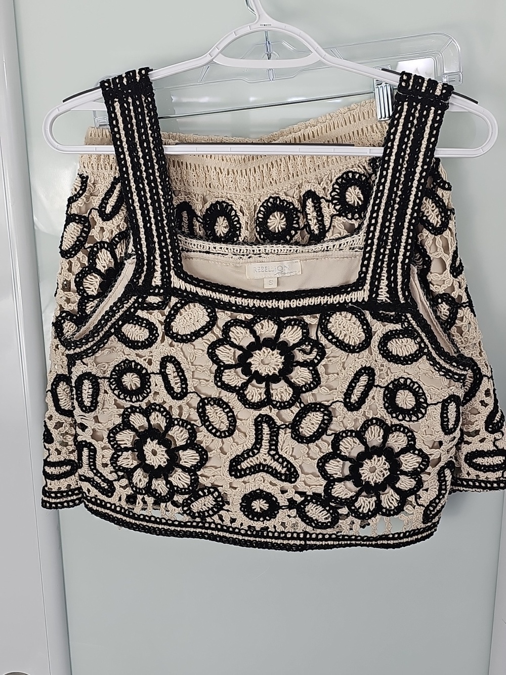 Rebellion Set Cream Crochet Crop Top And Short Pants Black Floral Trim. Size S - Picture 5 of 13